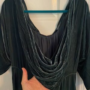 Maxi drape neck low back velvet blue ombré trim dress